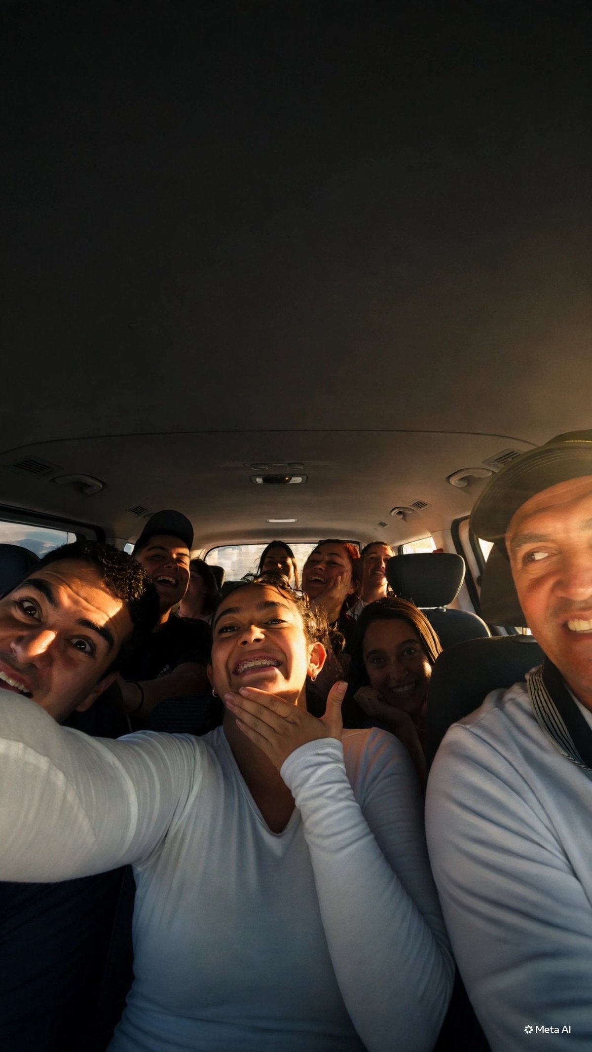 A group of happy people wearing white shirts crowded together taking a selfie inside a car